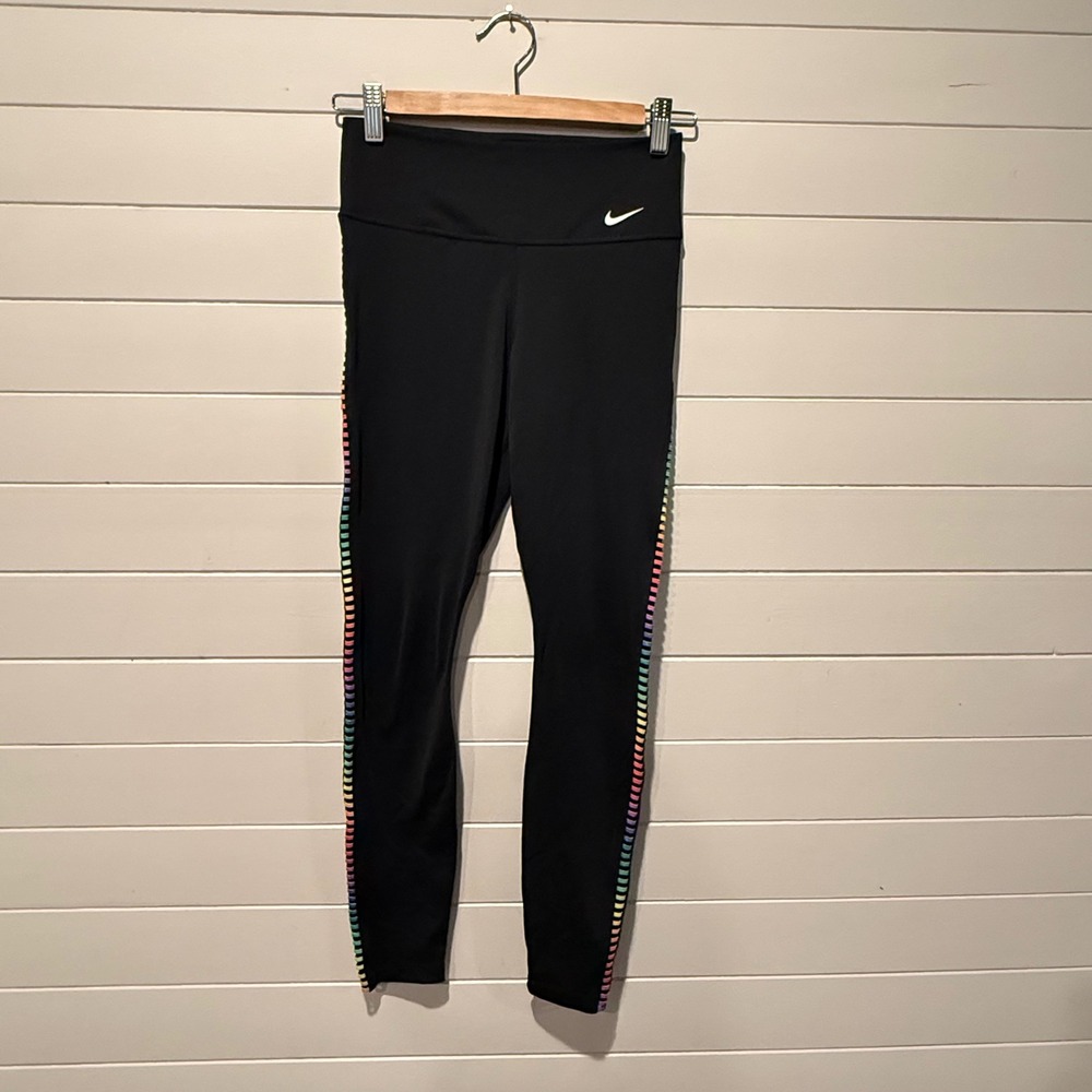 Nike Dri-FIT Rainbow Ladder Trim High Rise Leggings Womens Small Black DA0844